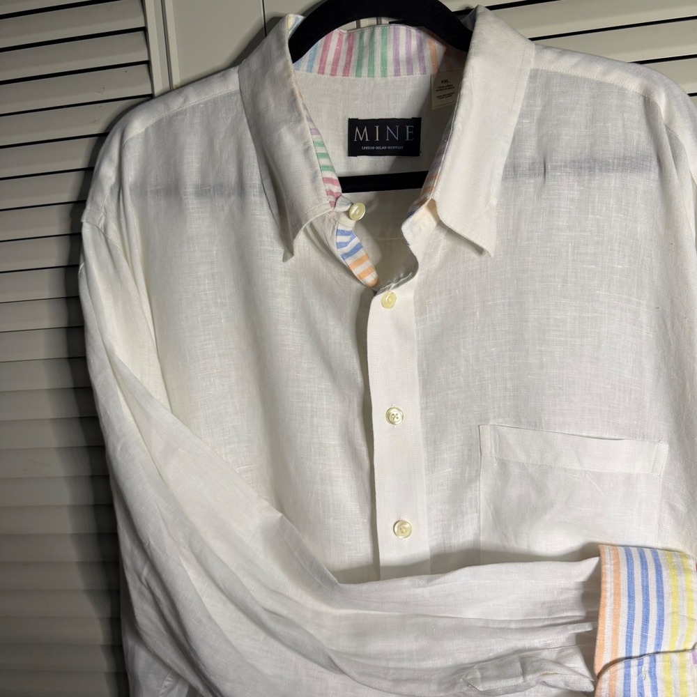 MINE White 100% Linen Rainbow Stripe Trim Button Down Shirt XXL